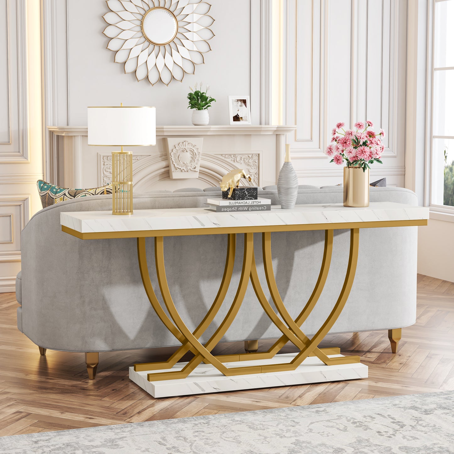 Console Tafel – Sidetable – Haltafel – Bijzettafel – Dressoir – Wit Kunstmarmer Blad – Gouden Metalen Poten – 150 cm Lang – Verstelbare Pootjes