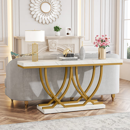 Console Tafel – Sidetable – Haltafel – Bijzettafel – Dressoir – Wit Kunstmarmer Blad – Gouden Metalen Poten – 150 cm Lang – Verstelbare Pootjes