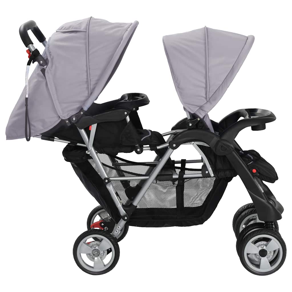 Buggy – Kinderwagen – Plooibuggy – Wandelwagen – Dubbele Buggy – Stalen Frame – Inklapbaar – Zonnekap – Grijs