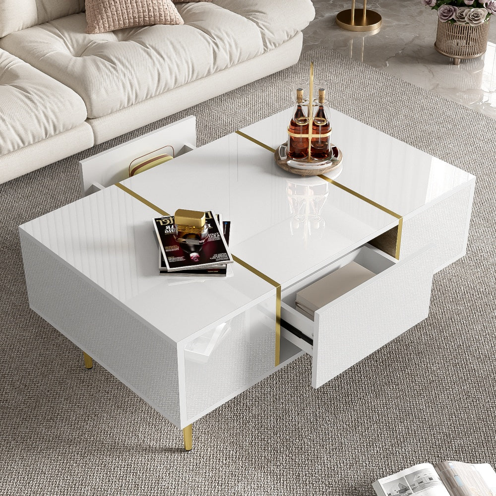 Salontafel – Koffietafel – Woonkamertafel – Bijzettafel – Tafeltje – Hoogglans Wit – 2 Ruime Lades – Gemakkelijk Schoon Te Maken