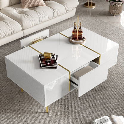 Salontafel – Koffietafel – Woonkamertafel – Bijzettafel – Tafeltje – Hoogglans Wit – 2 Ruime Lades – Gemakkelijk Schoon Te Maken