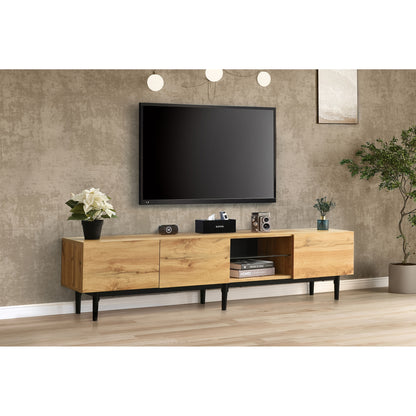 Tv Meubel – TV Kast – TV Dressoir – Media Meubel – Tv Stand – Modern Minimalistisch – Rotan Frame – 4 Deuren – Zwarte Metalen Poten – Eenvoudige Montage – Ruime Opbergruimte