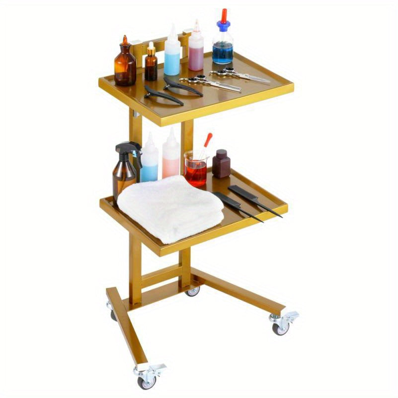 Mobiele Trolley – Labwagen – Werkwagen – Servicekar – Transportkar – Roestvrij Staal Heavy-Duty – Gouden Afwerking – Twee Etages – Geruisloze Wielen