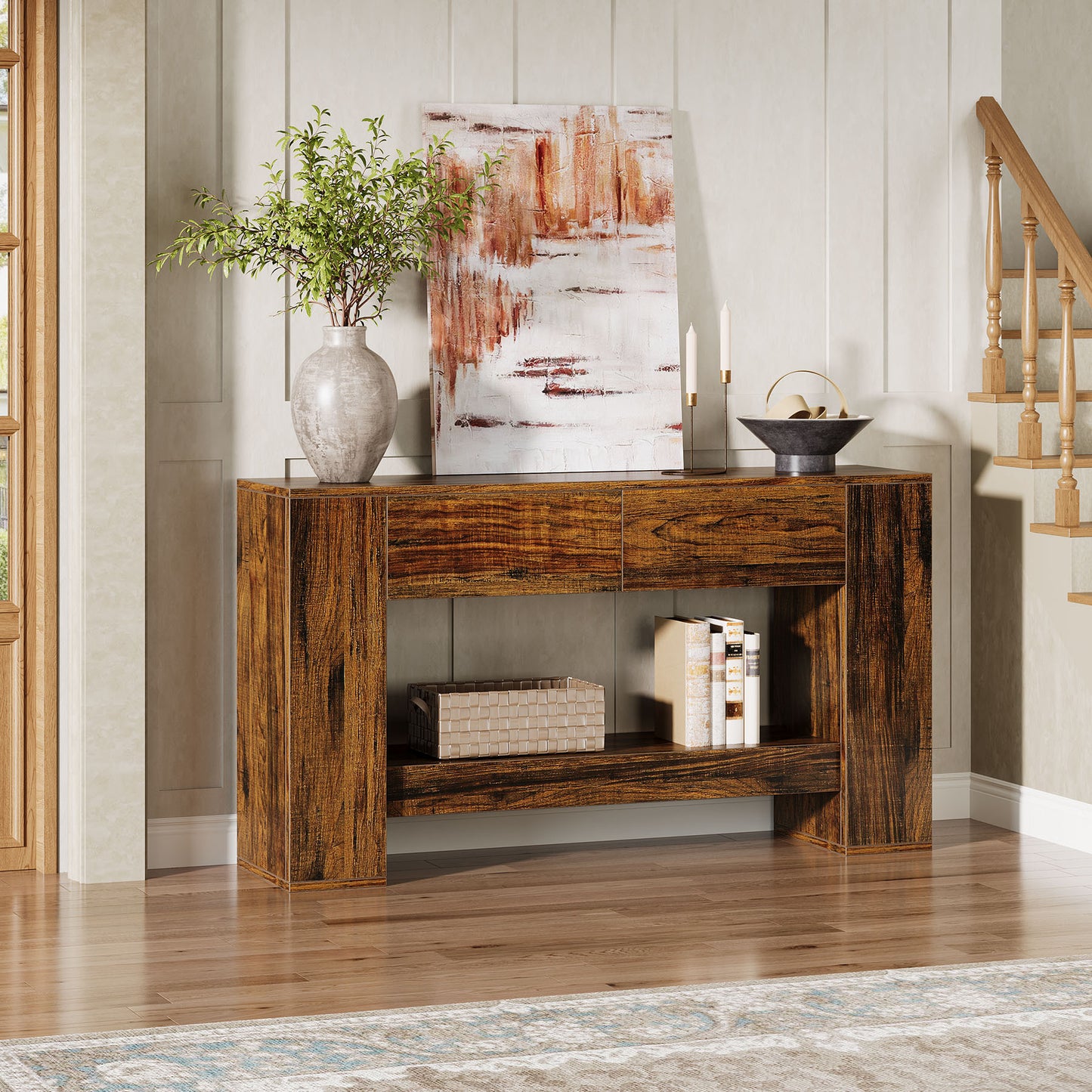 Extra Lange Haltafel – Halmeubel – Sofa Tafel – Sidetable – Wandtafel – 139,95 cm Lang – Verborgen Lades en Open Planken – Stevige MDF Houtlook – Eenvoudig Te Monteren