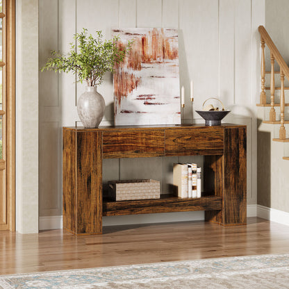 Extra Lange Haltafel – Halmeubel – Sofa Tafel – Sidetable – Wandtafel – 139,95 cm Lang – Verborgen Lades en Open Planken – Stevige MDF Houtlook – Eenvoudig Te Monteren
