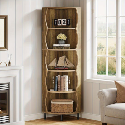Boekenrek – Boekenkast – Boekenplank – Wandrek – Opbergkast – 5-Lagen Hoekplank – Hoog 182 cm – Stevig MDF Metalen Frame – Space-Saving Design Rustiek Bruin