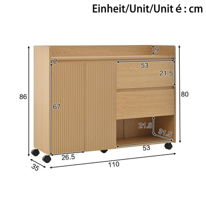BTM Shoe Cabinet with Wood Look, Wheels, and Brake, Dresser with Adjustable Shelves, Drawers, and Open Compartments, Modern Hall Cabinet for Entryway or Living Room, 110×35×86 cm
