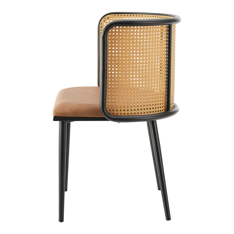 Eetkamerstoel – Stoel – Kuipstoel – Meubel – Woonkamerstoel – Set van 2 – Rattan Rugleuning – Kunstleer Bekleding – Stevig Metalen Frame – Hoge Zitcomfort