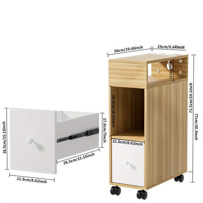 Mobile Rolling Side Table with Drawers - 77×50×25cm Narrow Side Table, Bedside Table with Storage Function, Suitable for Living Room/Bedroom, Compact Rolling Cart, with Locking Casters (Original Wood Color)