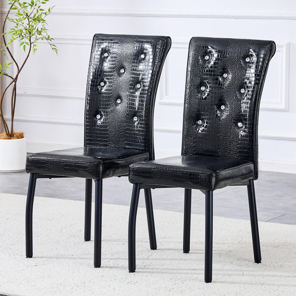 A Set of Two Black Vintage Crocodile-Patterned Upholstered Dining Chairs | Featuring Crystal Buckle Detailing And Faux Leather Accents, Lends an Air of Elegance And Mystery to The Dining Area, Suitable for Hard Floors, Wipe C