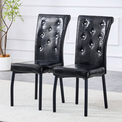 A Set of Two Black Vintage Crocodile-Patterned Upholstered Dining Chairs | Featuring Crystal Buckle Detailing And Faux Leather Accents, Lends an Air of Elegance And Mystery to The Dining Area, Suitable for Hard Floors, Wipe C