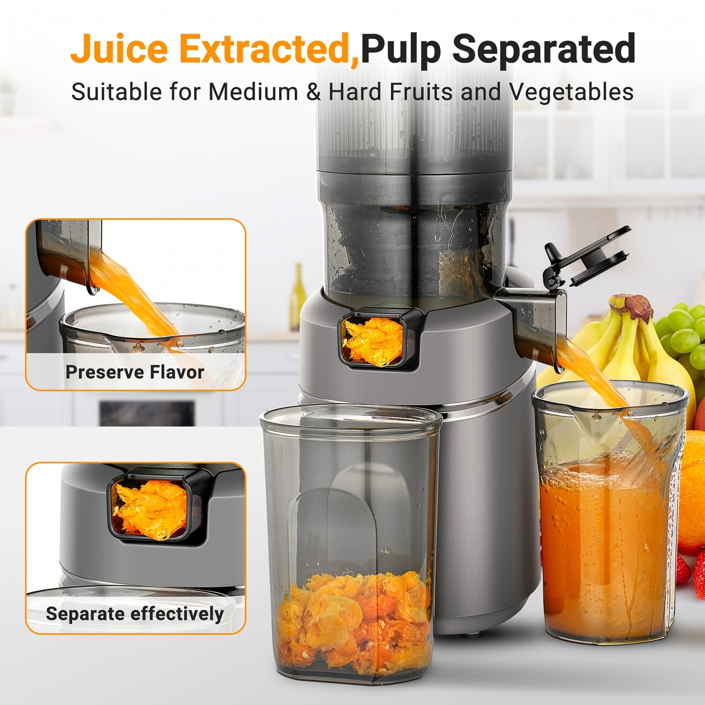 Slowjuicer – Sapcentrifuge – Juicer – Sapextractor – Slowmixer – Extra Brede 135mm Opening – Driedubbel Filtratiesysteem – 2L Grote Capaciteit – 250W Krachtige Motor – Silvery Variant