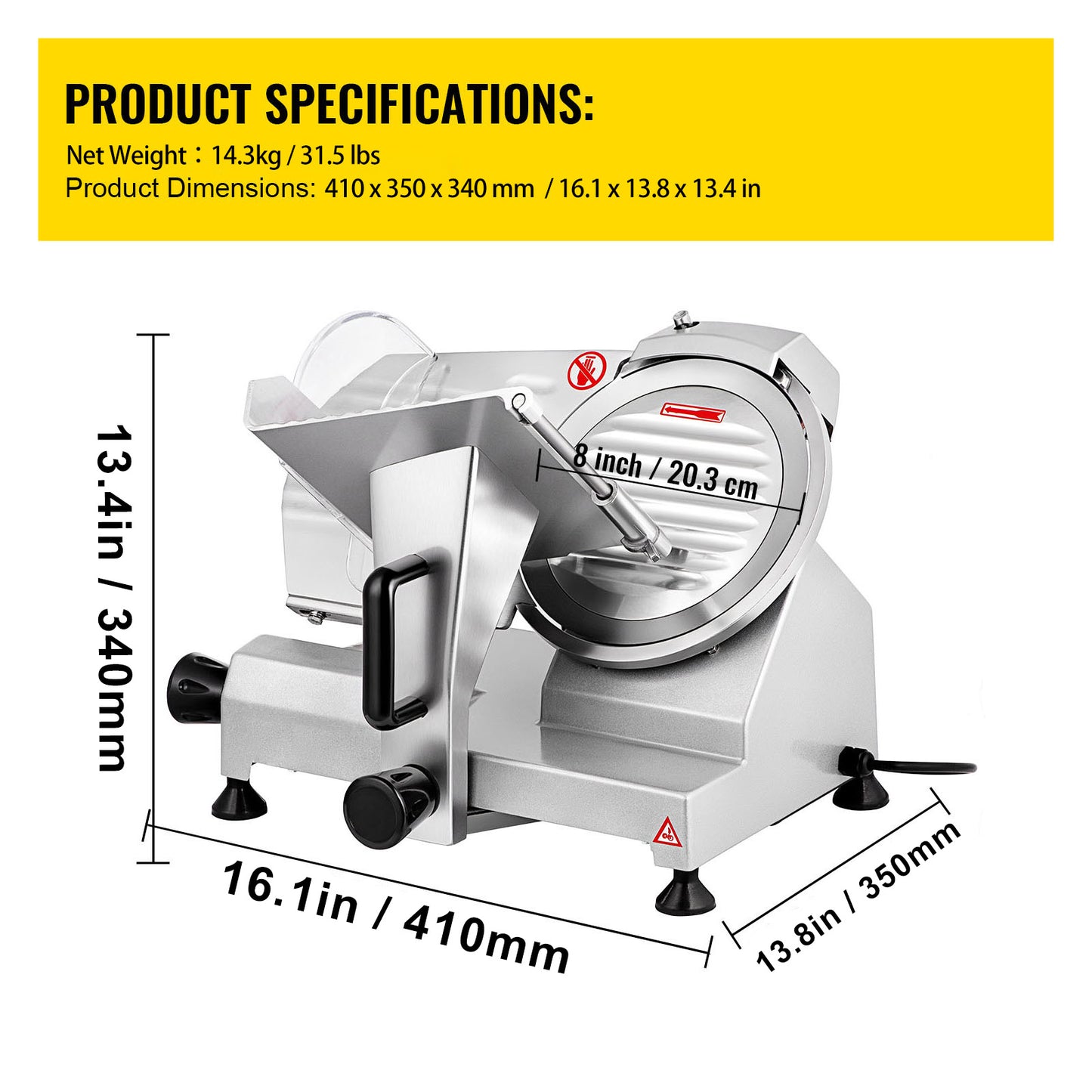 Elektrische Vleessnijder – Foodsnijder – Kaassnijder – Broodsnijder – Vlees- en Foodsnijmachine – 8 Inch Koolstofstalen Mes – 200W Motor – Instelbare Dikte 0-12mm