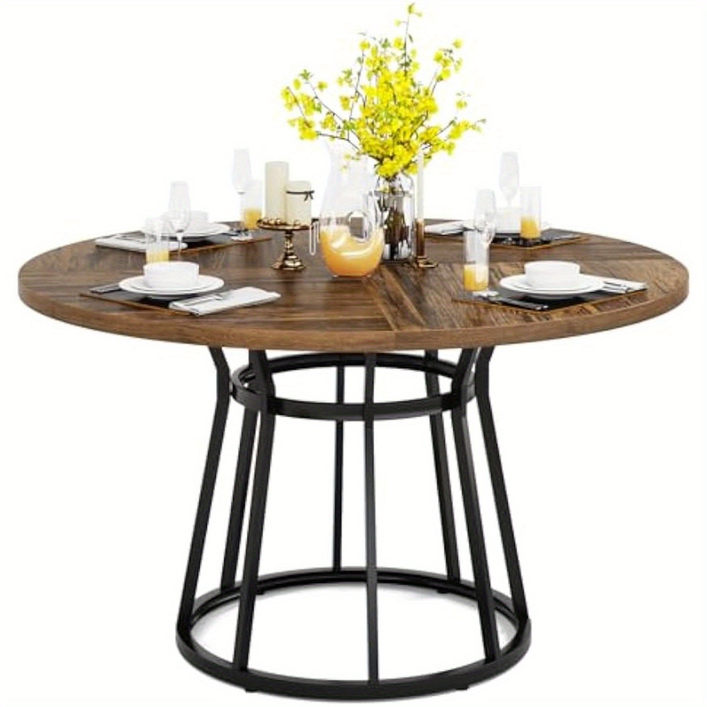 Ronde Eettafel – Keukentafel – Tafeltje – Tafel Voor 4 Personen – Bruin Metaal Frame – Diameter 120 cm – Verstelbare Pootjes – Duurzaam MDF