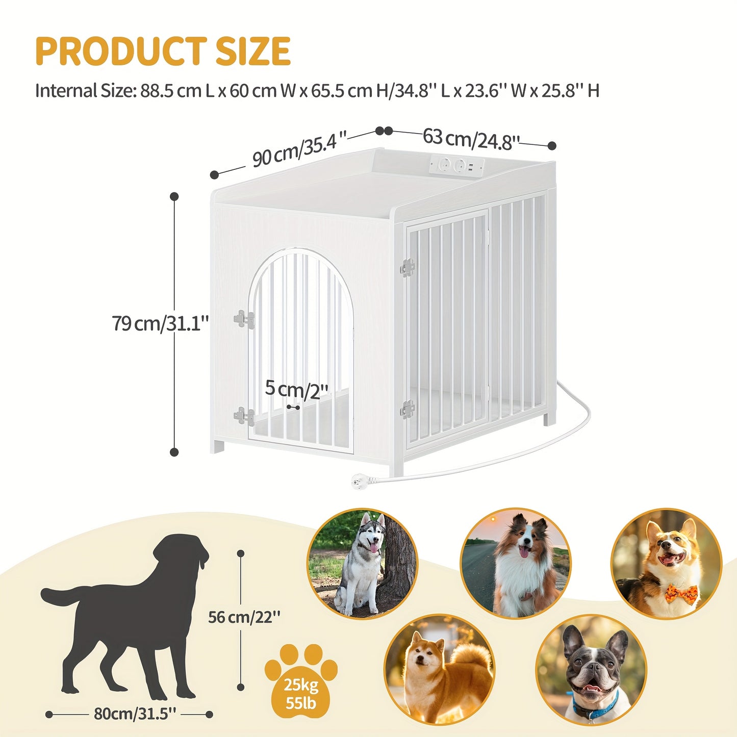 Hondenbench – Hondenkooi – Hondenhok – Bench – Reisbench – Wit – 2 Deuren – Met USB Poorten & Stopcontact – 90x63x79 cm – Voor Middelgrote Honden
