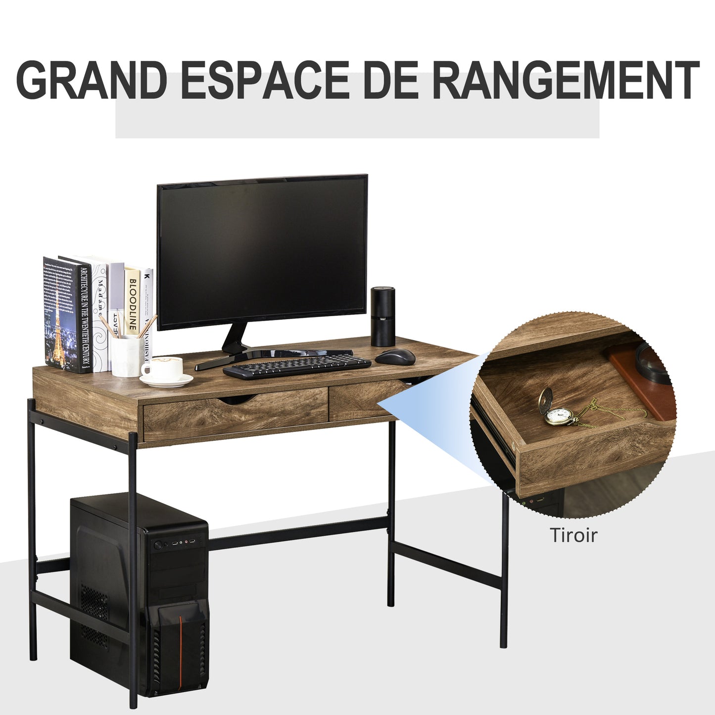 Industriële Bureau – Werktafel – Computertafel – Bureau Met Laden – Stijlvol Bureau – Groot Werkoppervlak 110x55 cm – Stevig Metalen Frame