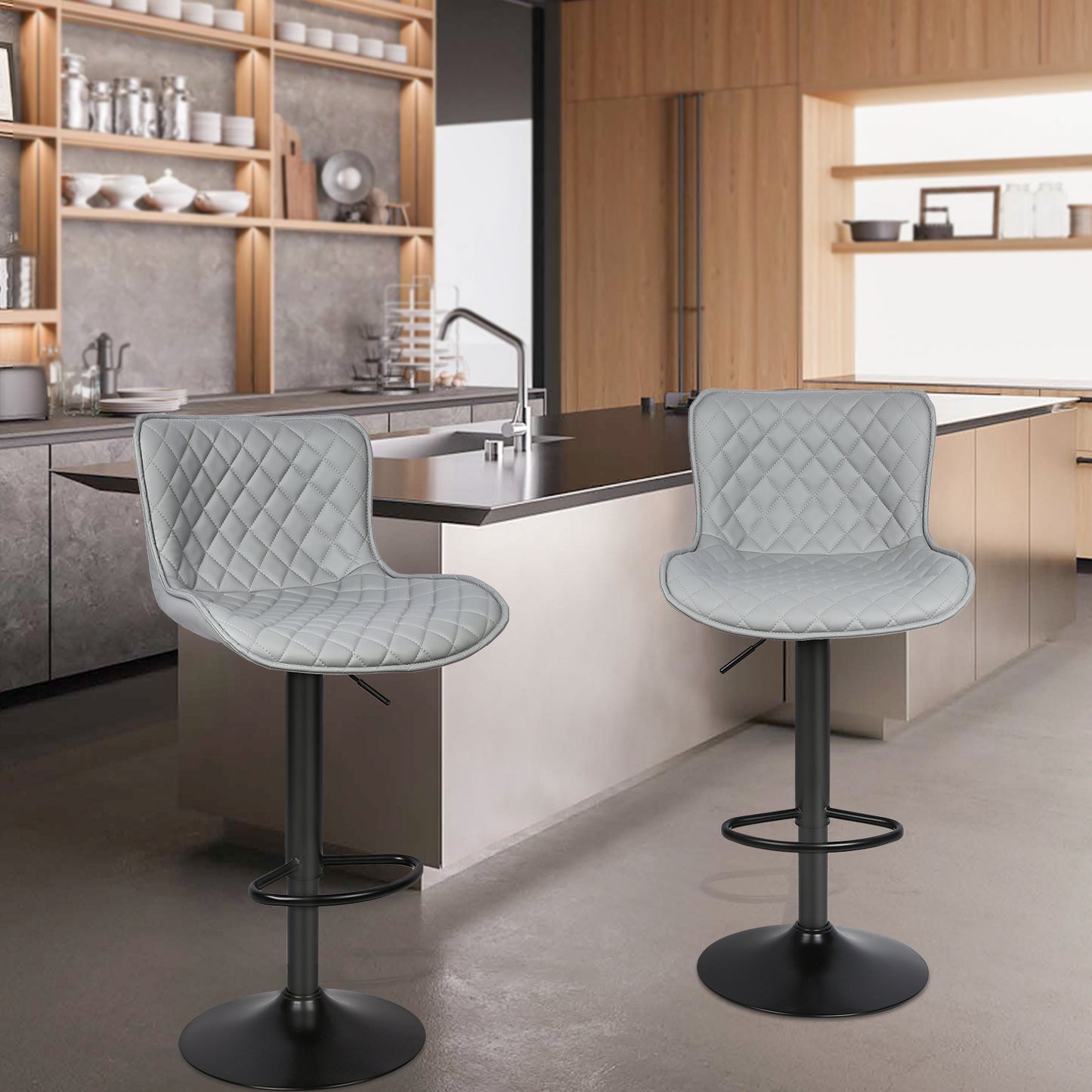 Barstoel – Barkruk – Barstoel Kruk – Barstoelen – Barkrukken Set – Verstelbare Hoogte 83-103 cm – Lichtgrijs PU Kunstleer – Zwart Metalen Frame – Stevig & Ruimtebesparend Design