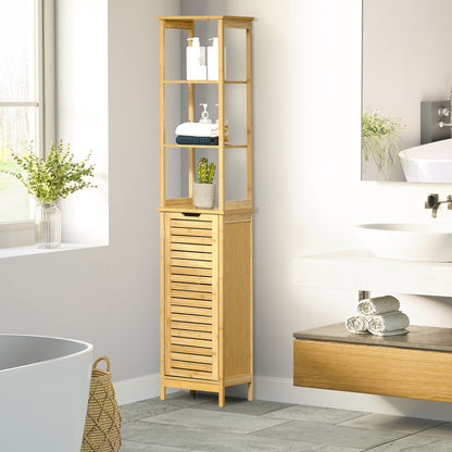 Bamboe Badkamerkast – Smalle Kast – Opbergkast – Badkamer Meubel – Hoog Kastje – Duurzaam Bamboe – Kantelbeveiliging – Compact 34x30x173 cm