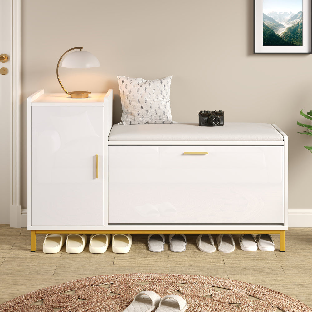 Schoenenkast – Schoenenopberger – Schoenentoren – Schoenmeubel – Schoenenrek – Modern Wit Met Gouden Accenten – Ruimtebesparend 100x38x68 cm – Met Zitting En Verborgen Uittrekbare Schoenlade