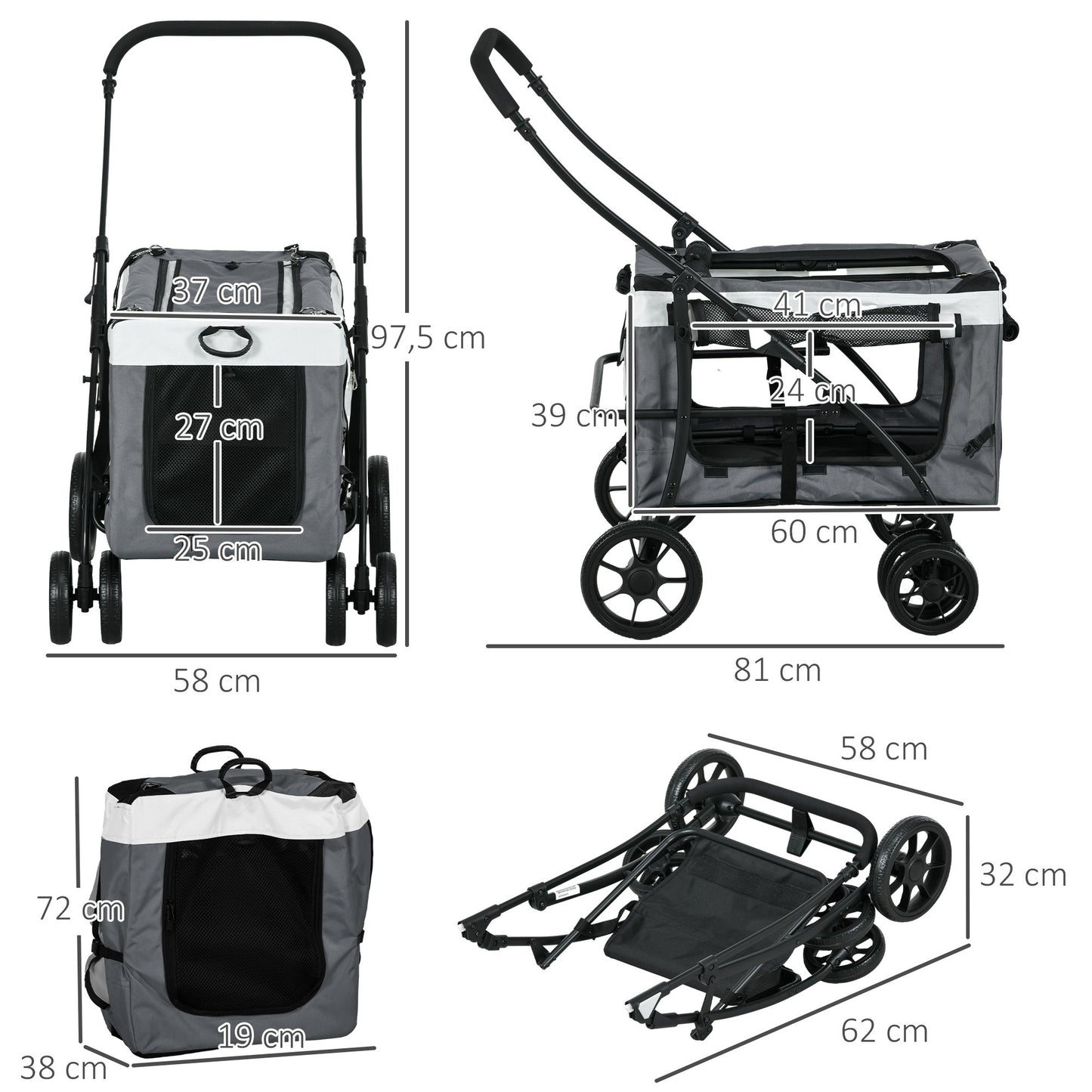 Dierenwagen – Hondenwagen – Kattenwagen – Huisdierwagen – Draagbare Mand – Stevige Stalen Frame – Ademend Gaas Met Veiligheidsharnassen – Grijs 81x58x97,5 cm