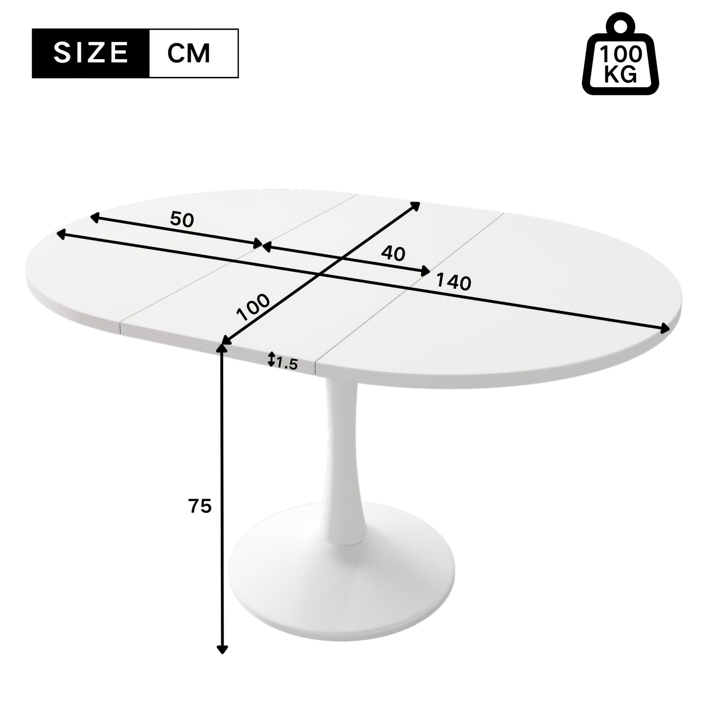 Uitklapbare Eettafel – Uitschuifbare Tafel – Opklapbare Keukentafel – Multifunctionele Tafels – Ruimtebesparend Design – Wit Ovaal Blad – Zwarte Metalen Poten – Stabiel & Eenvoudig Gemonteerd