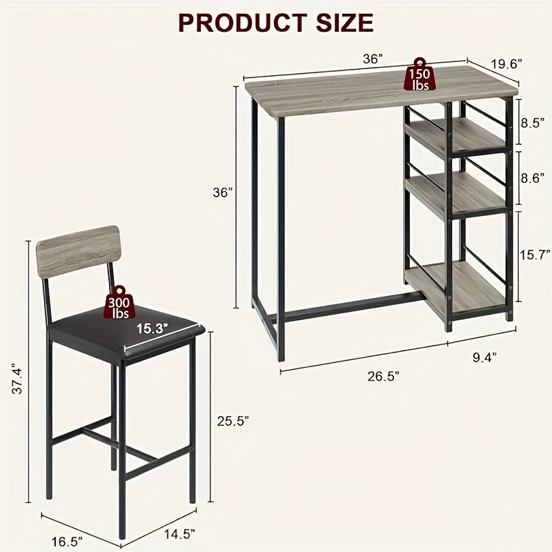 Eettafel Set – Bar Tafel Set – Keukentafel – Bistroset – Kleine Ruimte Meubel – Inclusief Zwart Leren Stoelen – Met Opberglades – Compact Voor Appartement