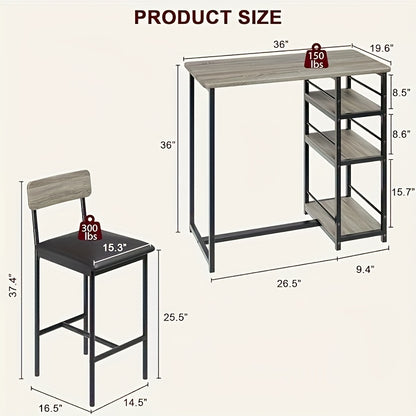 Eettafel Set – Bar Tafel Set – Keukentafel – Bistroset – Kleine Ruimte Meubel – Inclusief Zwart Leren Stoelen – Met Opberglades – Compact Voor Appartement