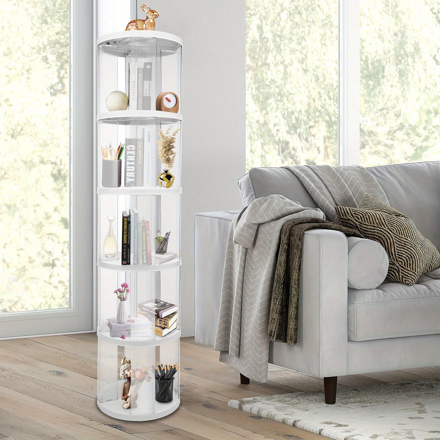 Draaibare Boekenkast – Rondebladkast – Boekenrek – Opbergkast – Draaisysteem – Modern Design – 5 Transparante Planken – Ruimtebesparend & Duurzaam ABS-PET