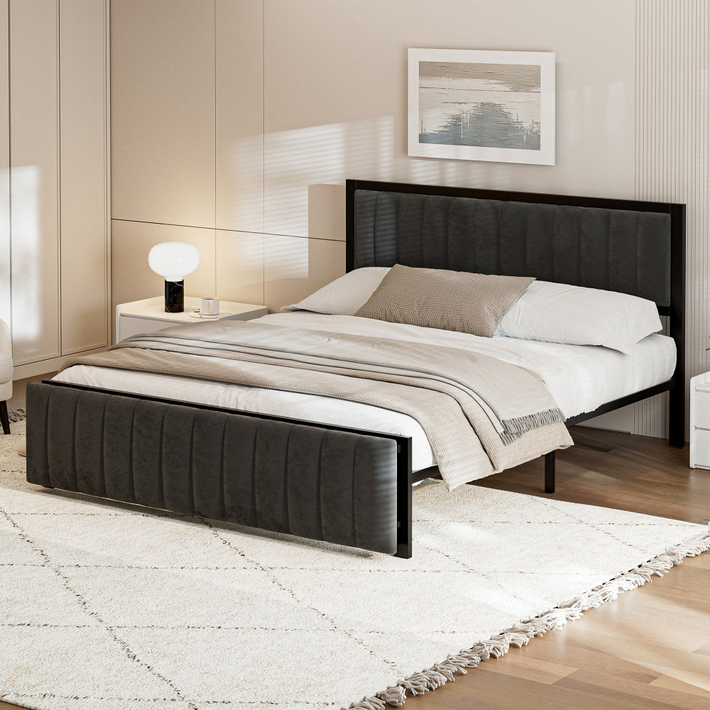 Bedframe – Tweepersoonsbed – Opbergbed – Gestoffeerd Bed – Slaapbank – Donkergrijs Fluwelen Bekleding – Inklapbare Zitbank – Hardhouten & IJzeren Frame – 140x200 cm