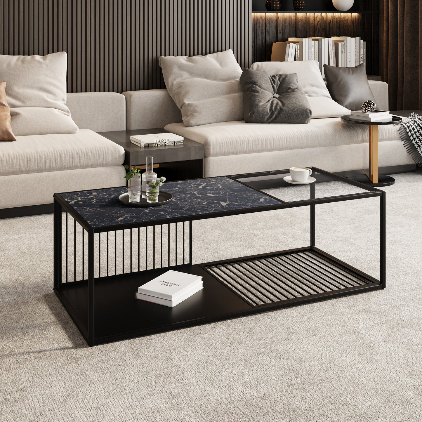 BTM Coffee Table, Wrought Iron Coffee Table with Glass, Large Storage Space