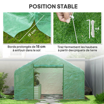 Outsunny Garden Greenhouse 12 m², Tunnel Greenhouse 4 x 3 x 2 m with Roll-Up Doors and Large Mesh Windows, Galvanized Steel and High-Density PE 140 g/m² UV-Resistant, Green