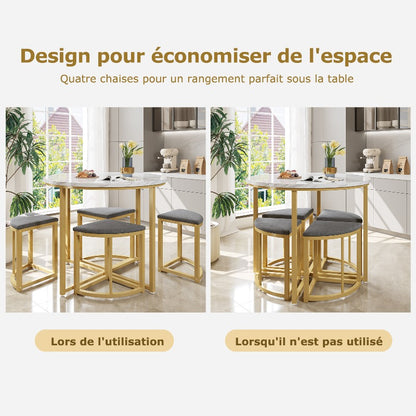 Eetkamertafel Set – Tafel Met Stoelen – Keukentafel Met Stoelen – Eetkamermeubel – Dining Set – Fluweel Beklede Stoelen – MDF Blad – Gouden Metalen Frame – Modern Design – Compact Voor Kleine Gezinnen