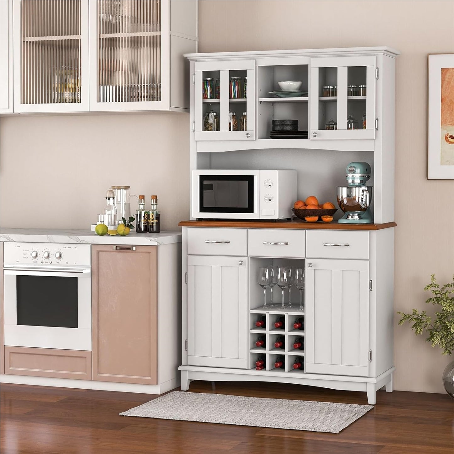 Keukenkast – Keukenbuffet – Opbergkast – Buffetkast – Voorraadkast – Hoogwit MDF – Verstelbare Glazen Planken – Wijnrek 9 Flessen – 112x43x184,5 cm
