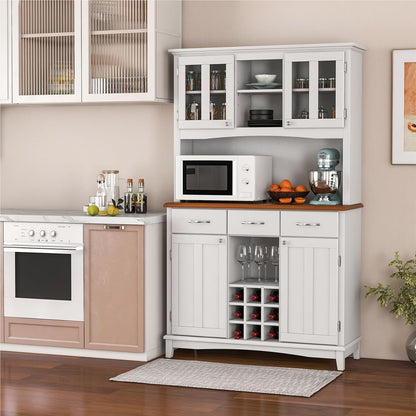 Keukenkast – Keukenbuffet – Opbergkast – Buffetkast – Voorraadkast – Hoogwit MDF – Verstelbare Glazen Planken – Wijnrek 9 Flessen – 112x43x184,5 cm