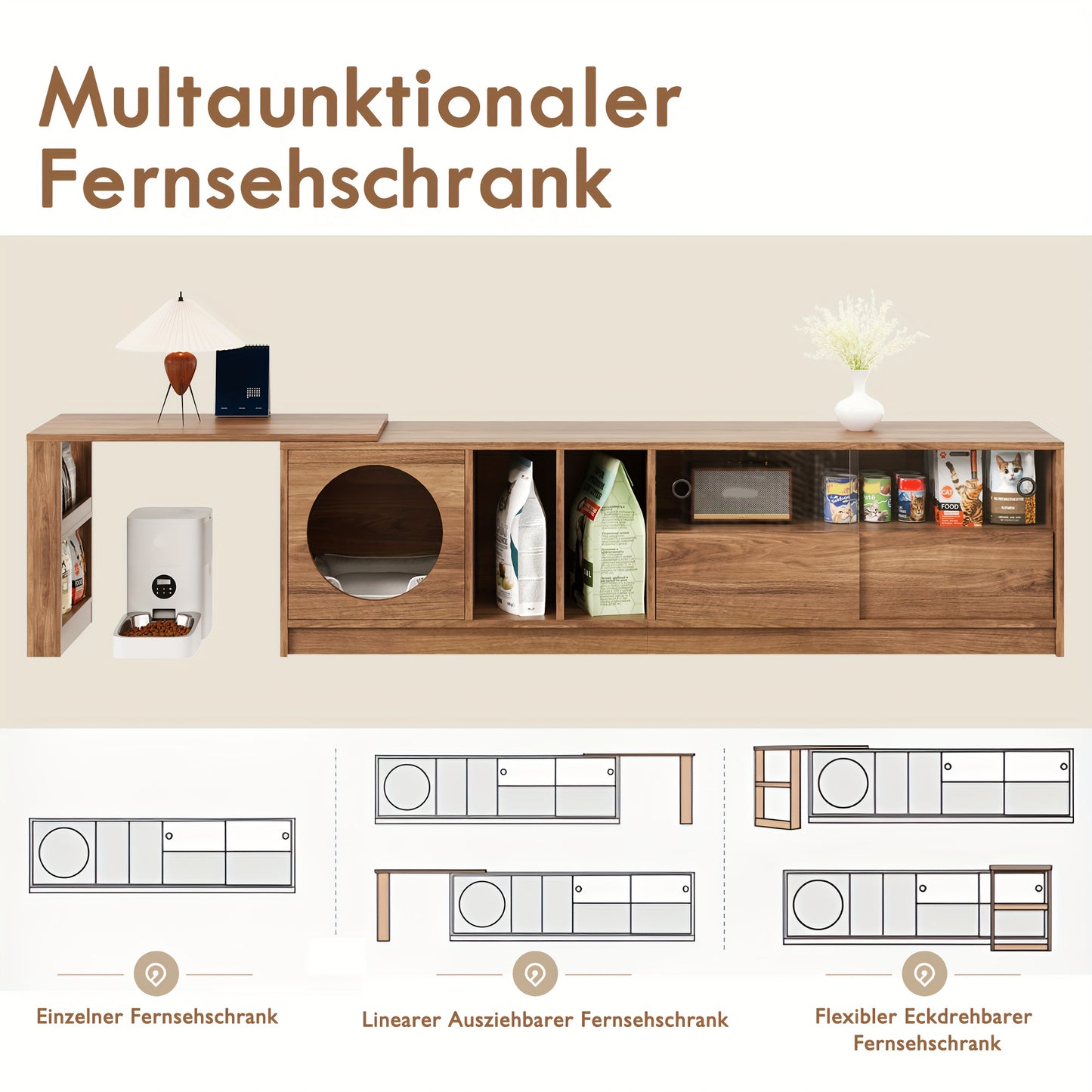 Modern Tv-meubel – Tv-standaard – Tv-kast – Mediameubel – Tv-dressoir – Draaibaar – Uittrekbare Opbergruimte – Hoogwaardig Bamboe – Natuurlijke Houtkleur – Huisdiervriendelijk – Compleet Gemonteerd