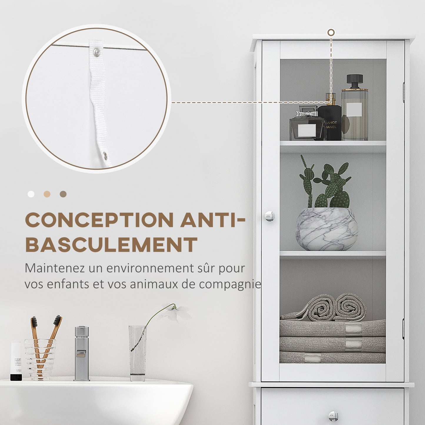 Kolomkast badkamer – kolommeubel – hoge kast – badkamerkast – kolomopberger – wit MDF – verstelbare planken – waterbestendig design