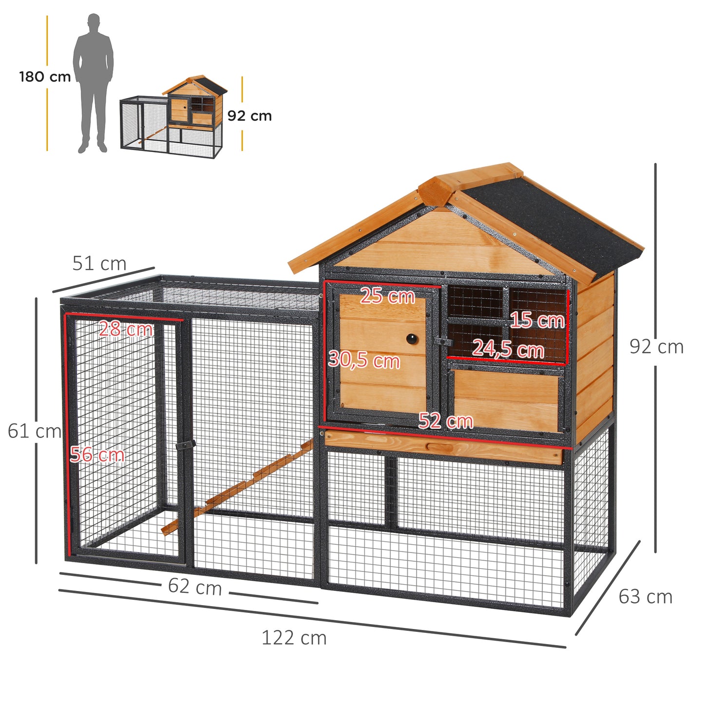 Konijnenhok – Dierenverblijf – Buitenren – Kippenhok – Ren Voor Konijnen – Epoxy Metalen Frame – Voorbehandeld Vurenhout – Met Ren En Loopplank – 122x63x92 cm – Oranje