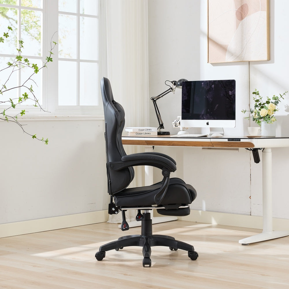 360° Swivel Ergonomic Racing-Style Gaming Chair | Leather High-Back Office Chair with Height-Adjustable Work Chair, Footrest, Headrest, Lumbar Support, Suitable for Office and Gaming Use, Black