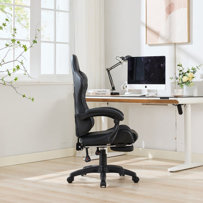 360° Swivel Ergonomic Racing-Style Gaming Chair | Leather High-Back Office Chair with Height-Adjustable Work Chair, Footrest, Headrest, Lumbar Support, Suitable for Office and Gaming Use, Black