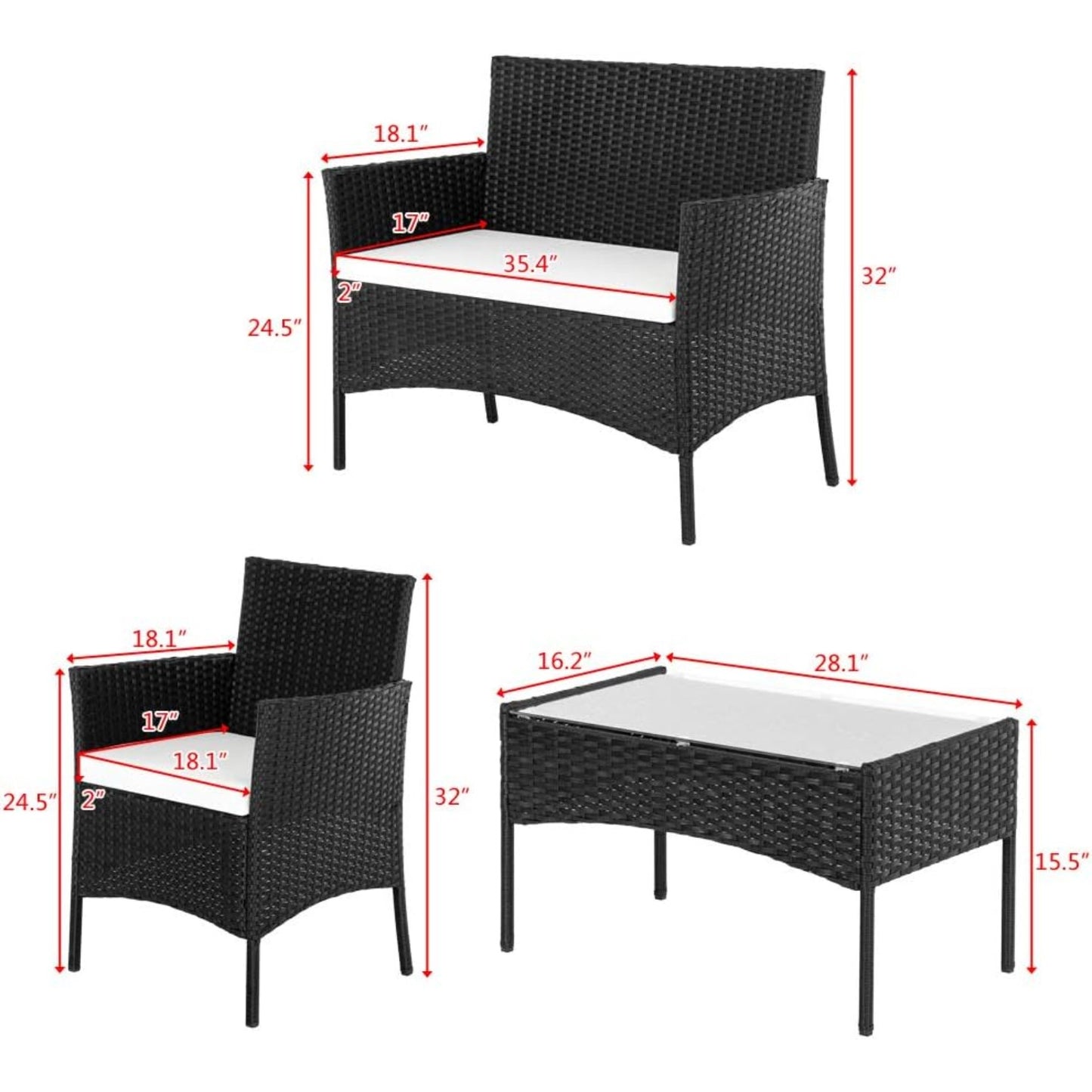 4-Persoons Tuinmeubelset – Buitenmeubelset – Loungeset – Balkonset – Rattan Zithoek – Weerbestendig PE-Rattan – Stevig Stalen Frame – Glazen Tafelblad