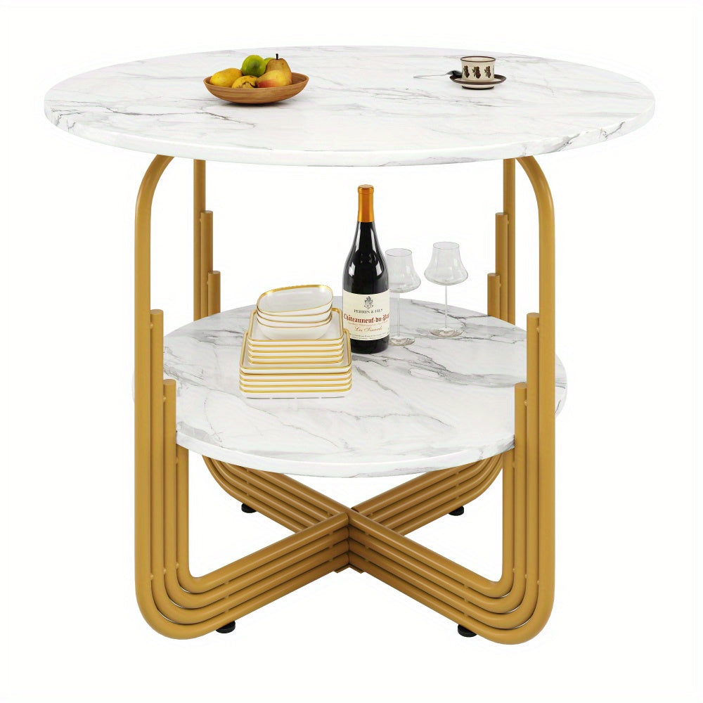 Eettafel – Ronde Tafel – Dinertafel – Keukentafel – Bistrotafel – Wit Marmerlook Blad – Goudkleurig Metalen Frame – Ø 80 x 76 cm – Inclusief Opbergplateau