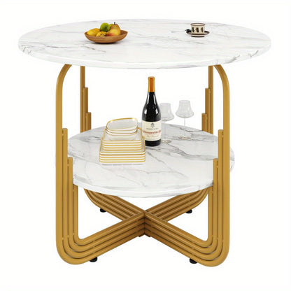 Eettafel – Ronde Tafel – Dinertafel – Keukentafel – Bistrotafel – Wit Marmerlook Blad – Goudkleurig Metalen Frame – Ø 80 x 76 cm – Inclusief Opbergplateau