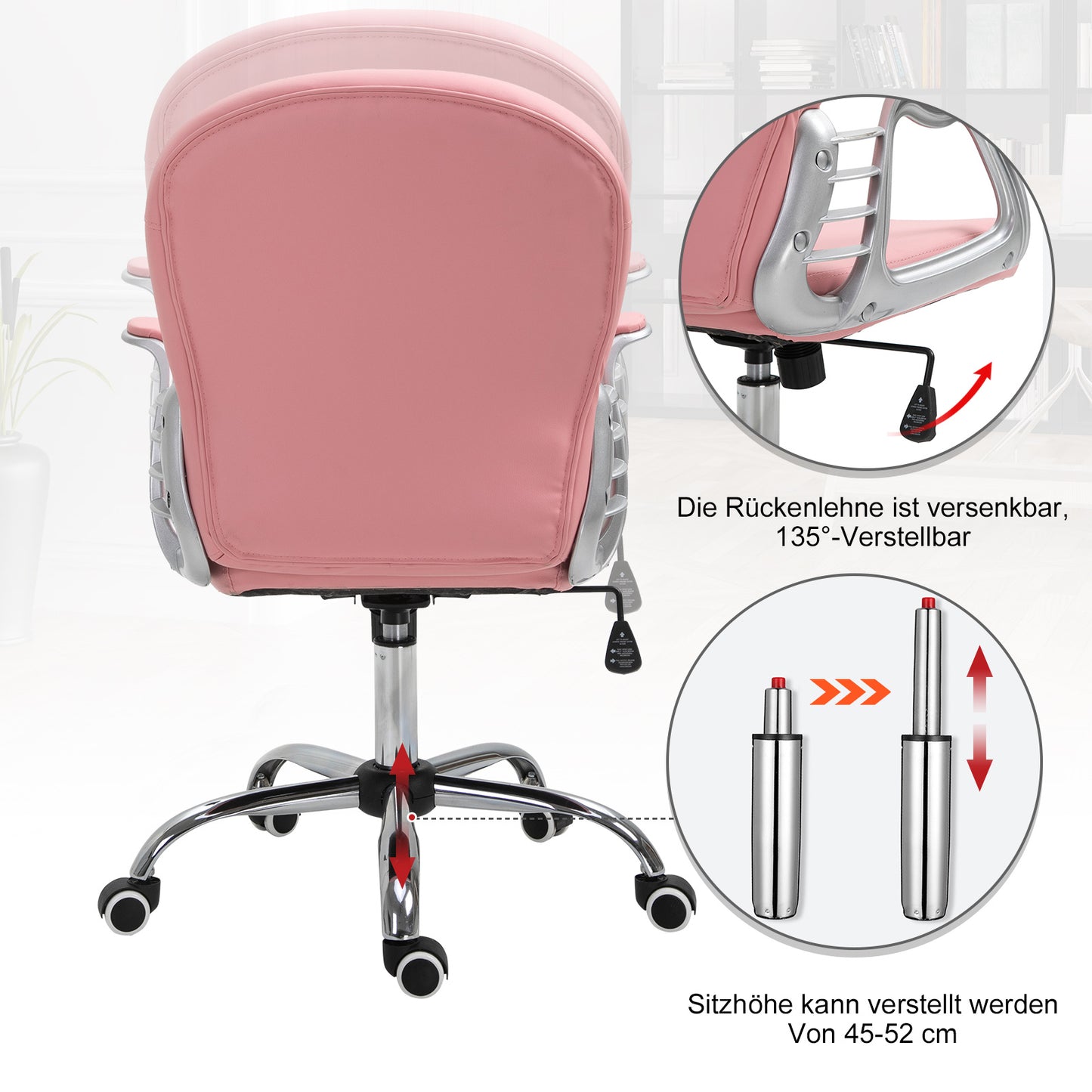 Bureaustoel – Ergonomische Stoel – Office Chair – Draaistoel – Bureau Stoel – Roze PU Bekleding – Verstelbare Hoogte 95-105 cm – Max 120 kg Belastbaar