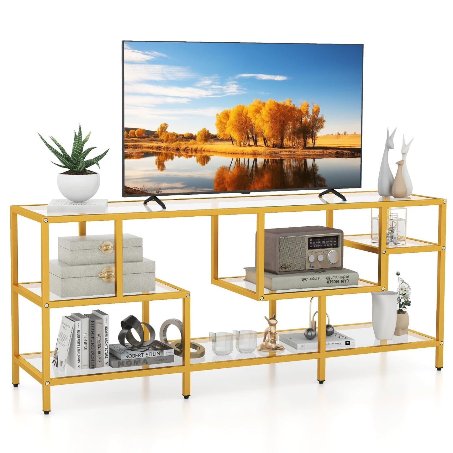 TV-meubel – TV-kast – Televisiemeubel – TV-standaard – Tv-dressoir – Met Gehard Glas – Stevige Metalen Constructie – Geschikt Voor TV’s Tot 65 Inch – Gouden Kleur – 147x40x62 cm