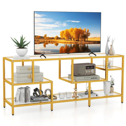 TV-meubel – TV-kast – Televisiemeubel – TV-standaard – Tv-dressoir – Met Gehard Glas – Stevige Metalen Constructie – Geschikt Voor TV’s Tot 65 Inch – Gouden Kleur – 147x40x62 cm