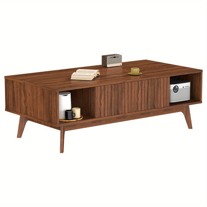 Salontafel – Woonkamertafel – Koffietafel – Tafel met Opbergruimte – Mid-Century Tafel – Notenhout Design – 2 Lades & 2 Open Vakken – Stevig MDF Metalen Poten