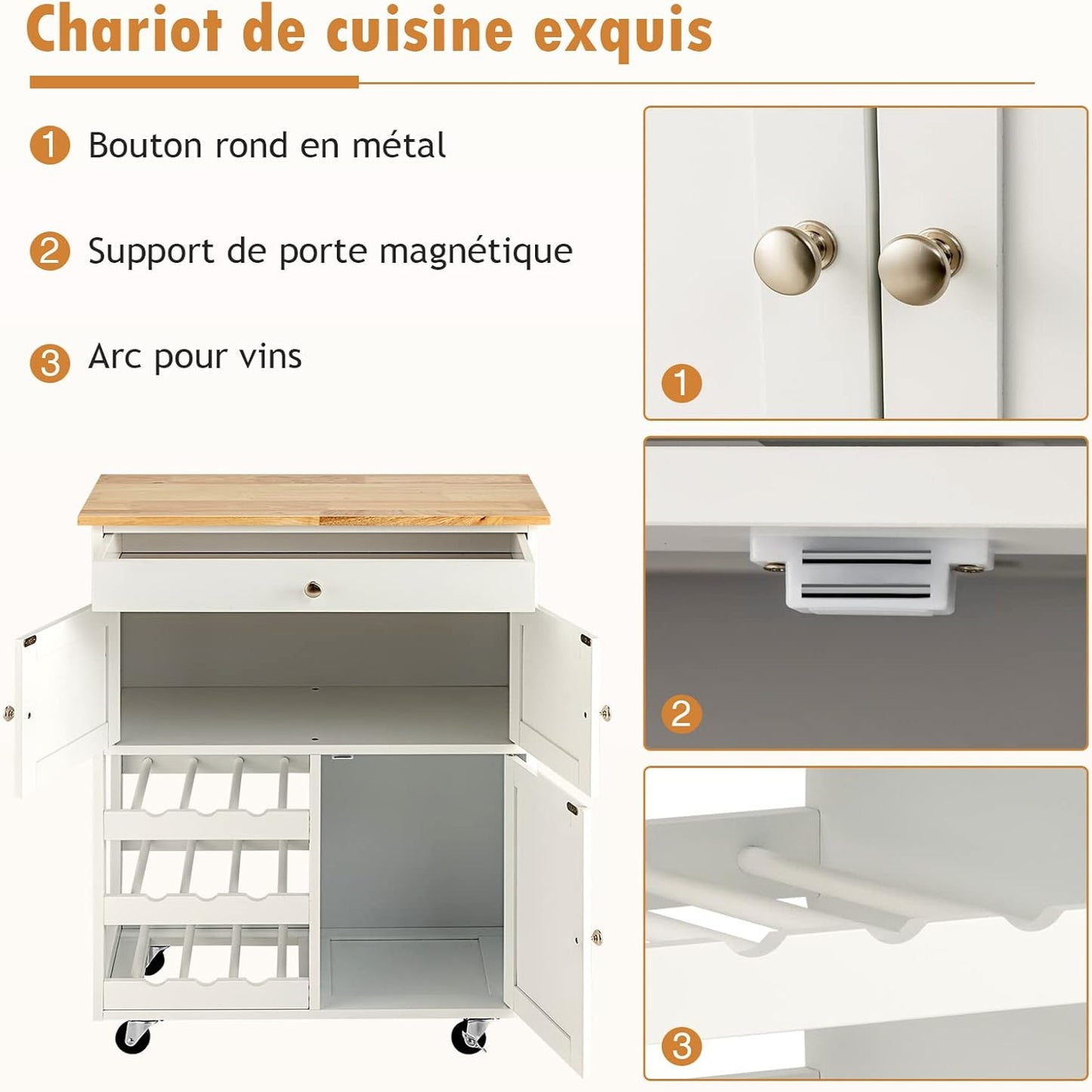 Keukentrolley – Keukenwagen – Serveerwagen – Opbergwagen – Keukenkar – Rubbenhouten frame – 67x37x87 cm – 4 Wielen met Remmen – Inclusief Lade en Wijnrek