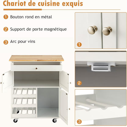Keukentrolley – Keukenwagen – Serveerwagen – Opbergwagen – Keukenkar – Rubbenhouten frame – 67x37x87 cm – 4 Wielen met Remmen – Inclusief Lade en Wijnrek