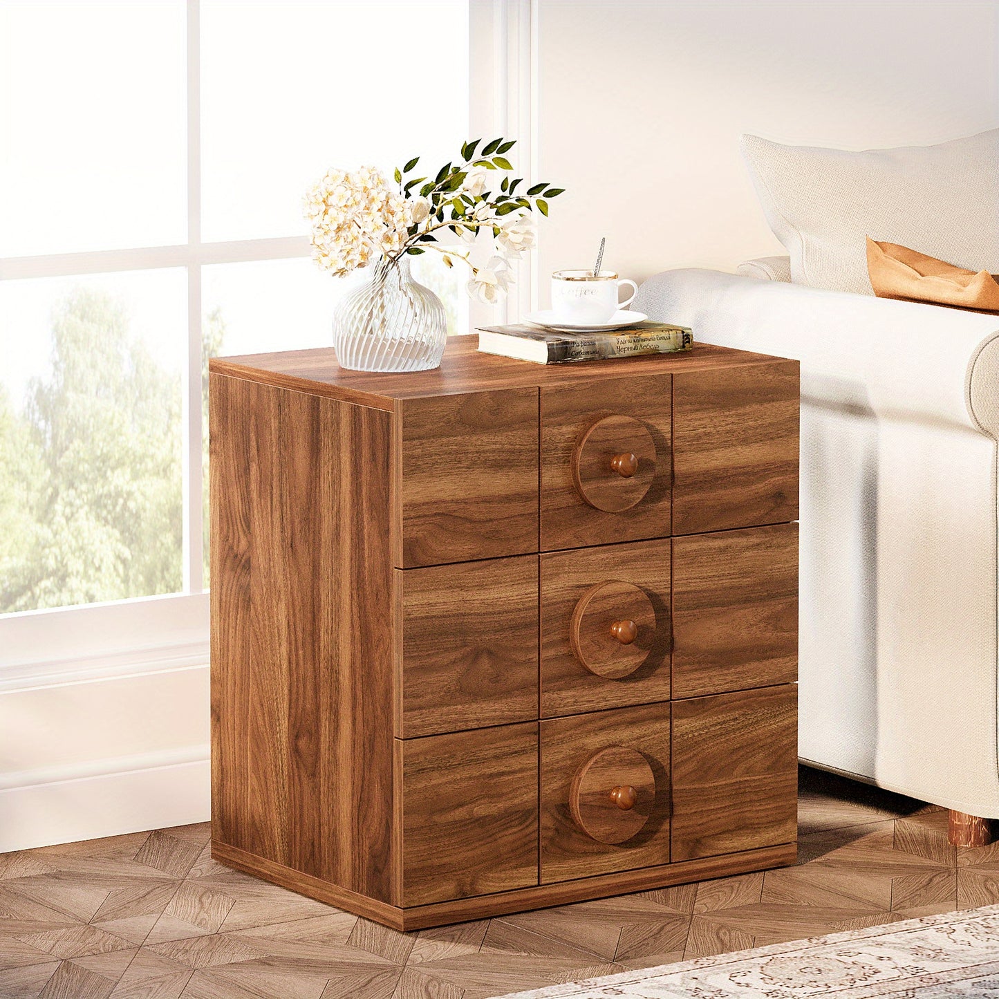 Nachtkastje – Bijzettafel – Bedside Table – Opbergkast – Ladekast – Walnootbruin – 3 Ruime Lades – Hoogwaardig Gelamineerd Hout