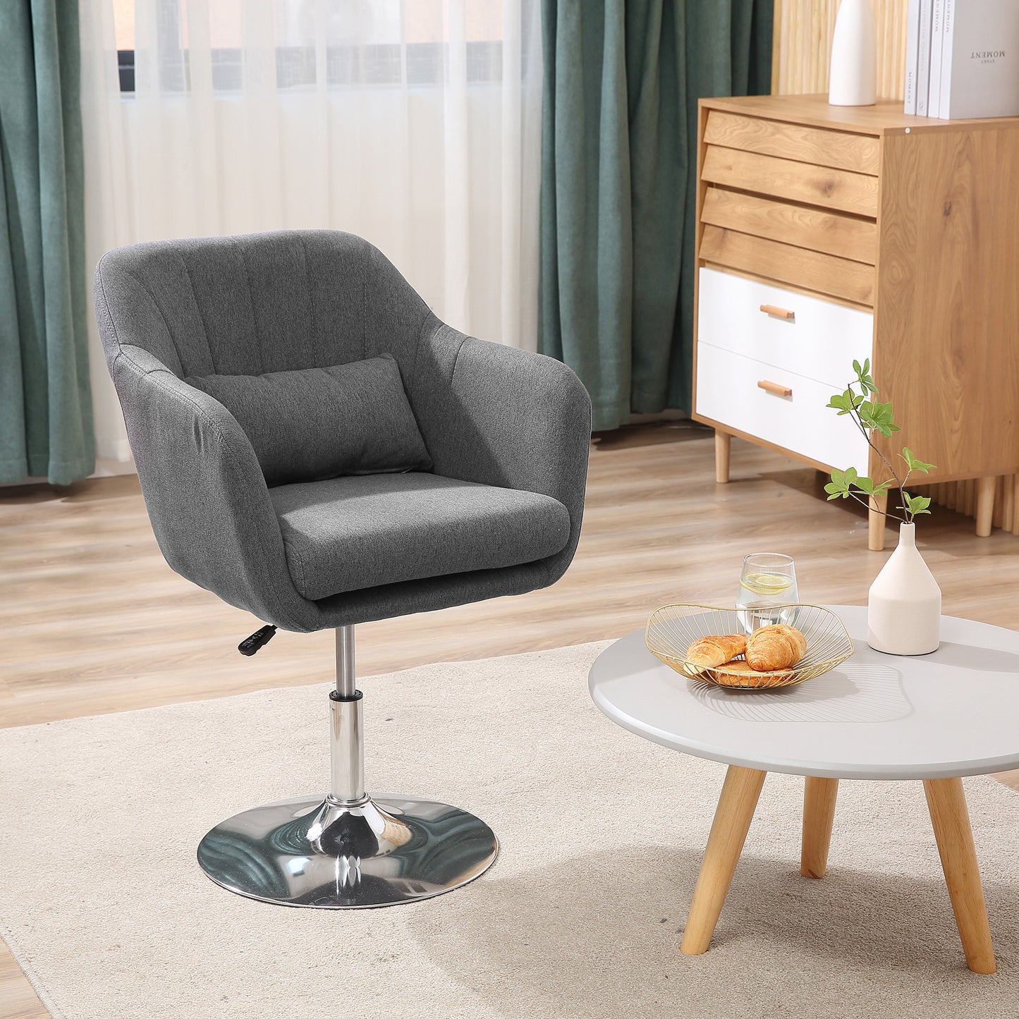 Draaifauteuil – Lounge Fauteuil – Relaxstoel – Stoel Met Armleuningen – Verstelbare Zithoogte – Met Metalen Frame – Linnenlook Bekleding – Donkergrijs